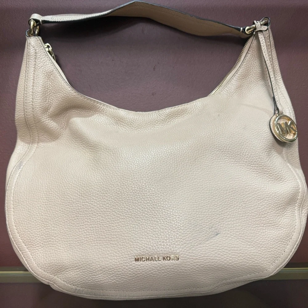 Michael Kors Lydia Pebbled Leather Chain Shoulder Hobo Bag Blush Beige
